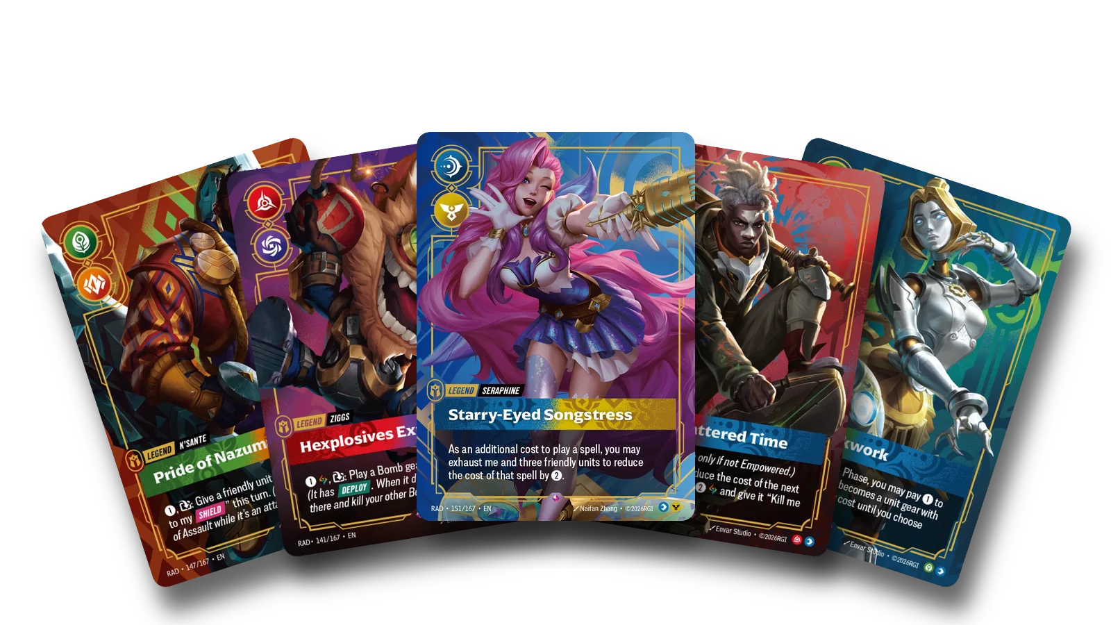 Five of the Radiance Legends: Seraphine, Ekko, Ziggs, Orianna and K'Sante