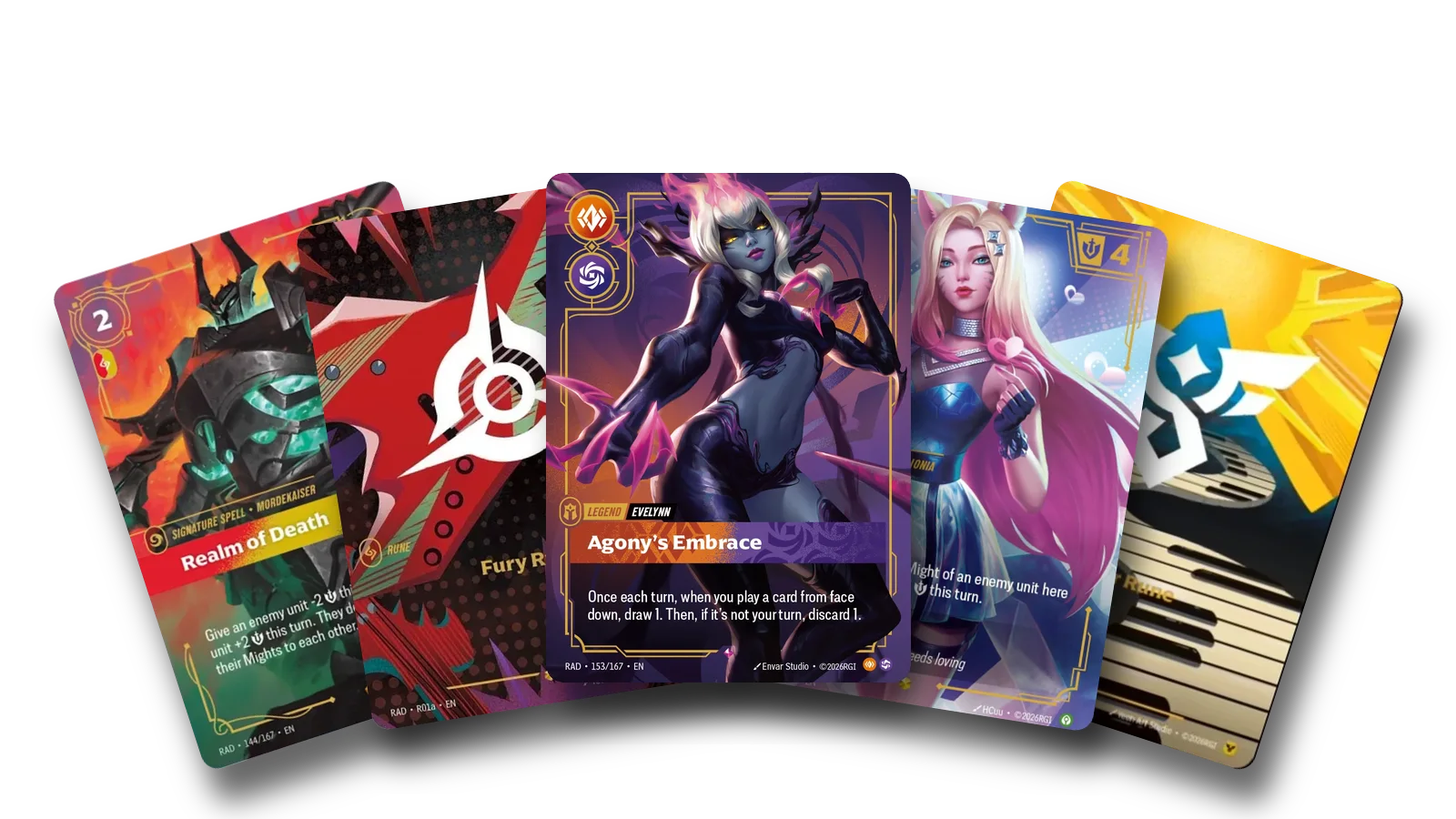 Radiance cards fanned out: Agony's Embrace in the middle, with the K/DA printing of Ahri, Realm of Death and the alternate-art Fury and Order Runes