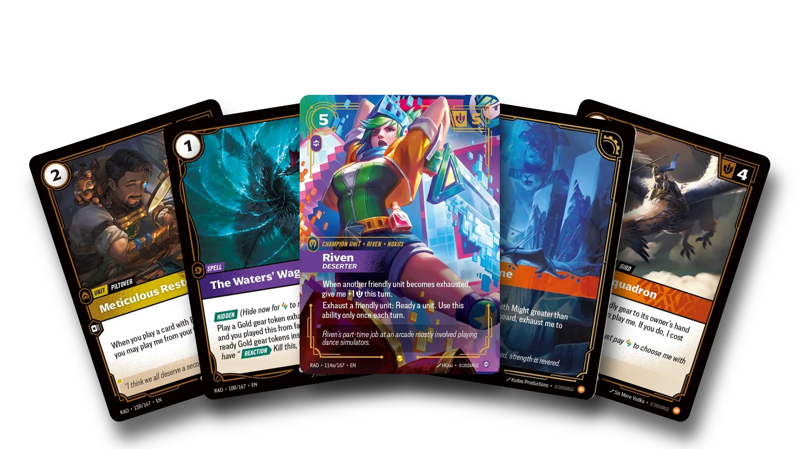 Radiance cards fanned out: the showcase printing of Riven, Deserter in the middle, with Meticulous Restorationist, The Waters' Wage, Titanic Shrine and Skystrike Squadron
