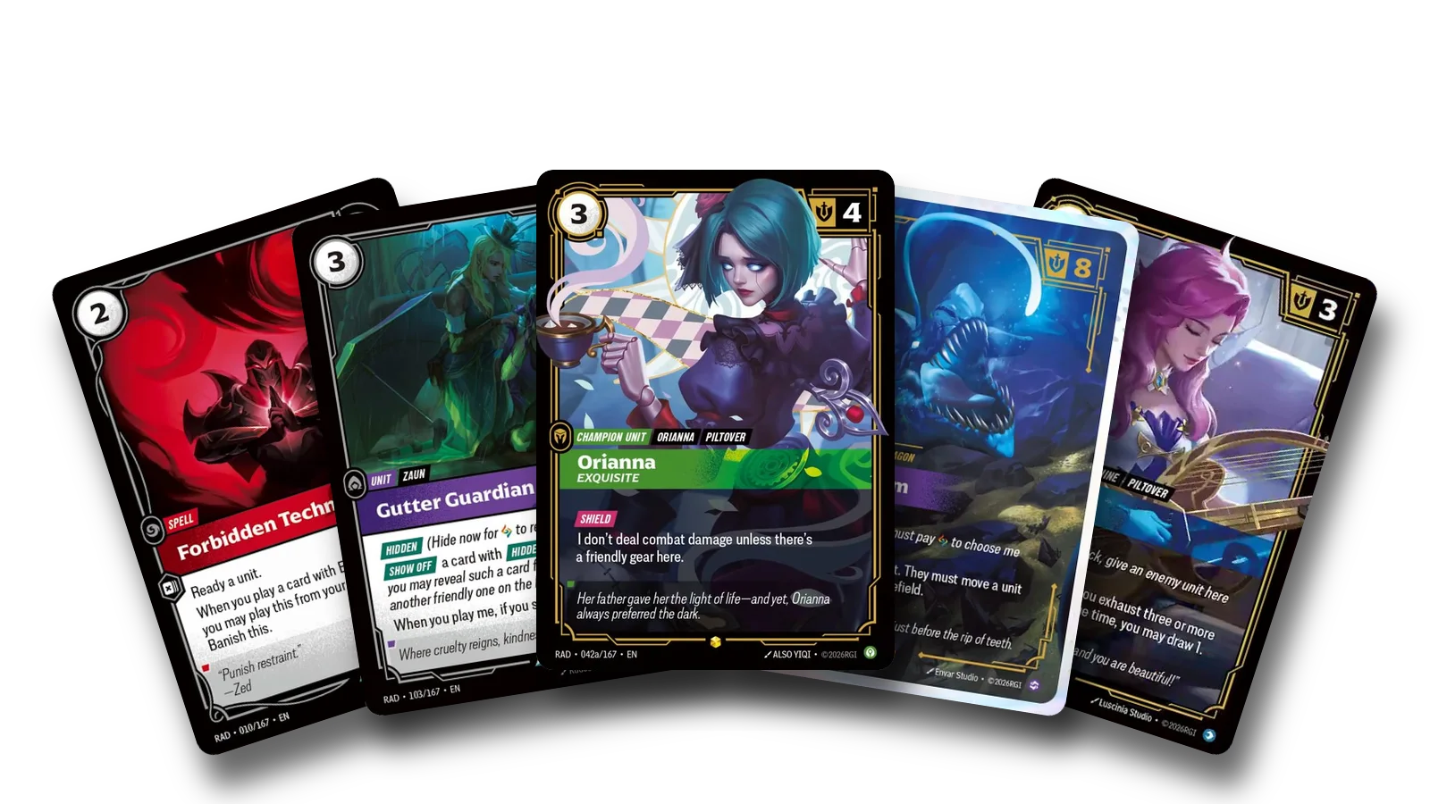 Radiance cards fanned out: the showcase printing of Orianna, Exquisite in the middle, with Forbidden Technique, Gutter Guardian, Angler Wyrm and Seraphine, Inspiring
