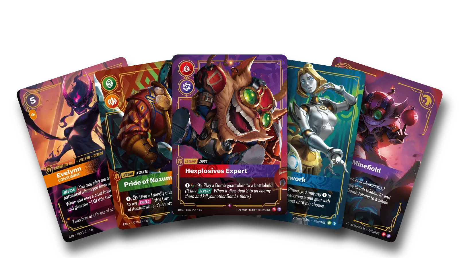 Five of the Radiance cards revealed on 25 September, the Legends of Ziggs, Orianna and K'Sante among them