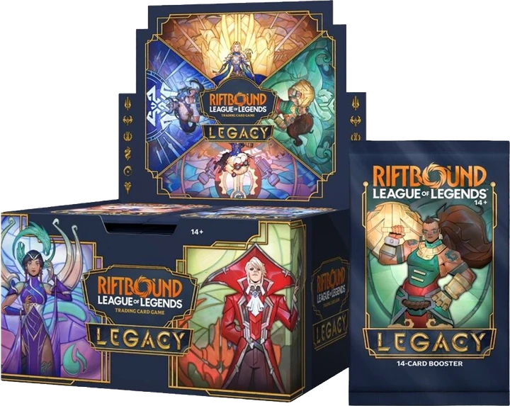 The Legacy booster display with a booster pack standing beside it