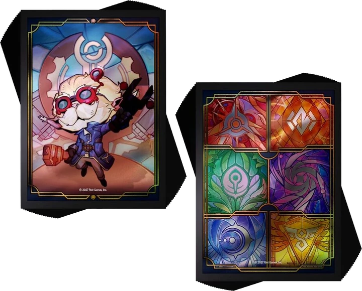 The Heimerdinger art sleeves beside the rune sleeves that come in the same pack