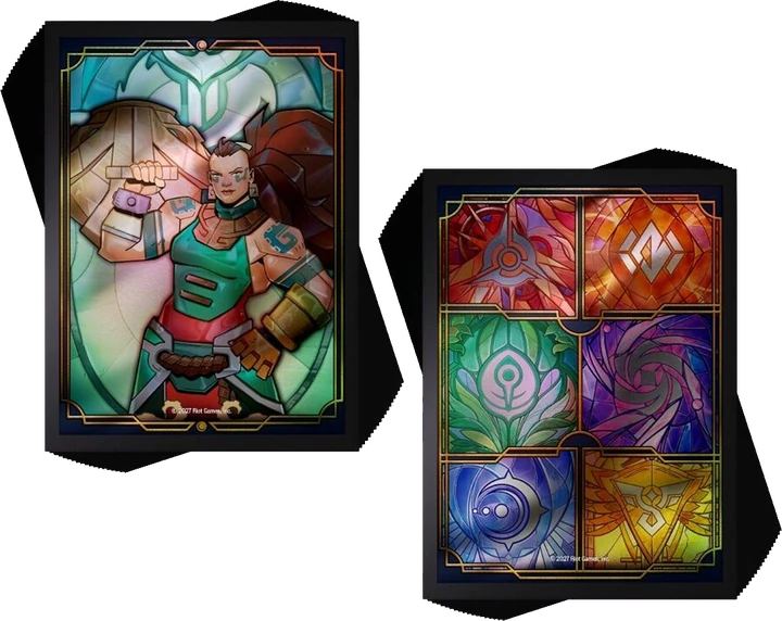 The Illaoi art sleeves beside the rune sleeves that come in the same pack