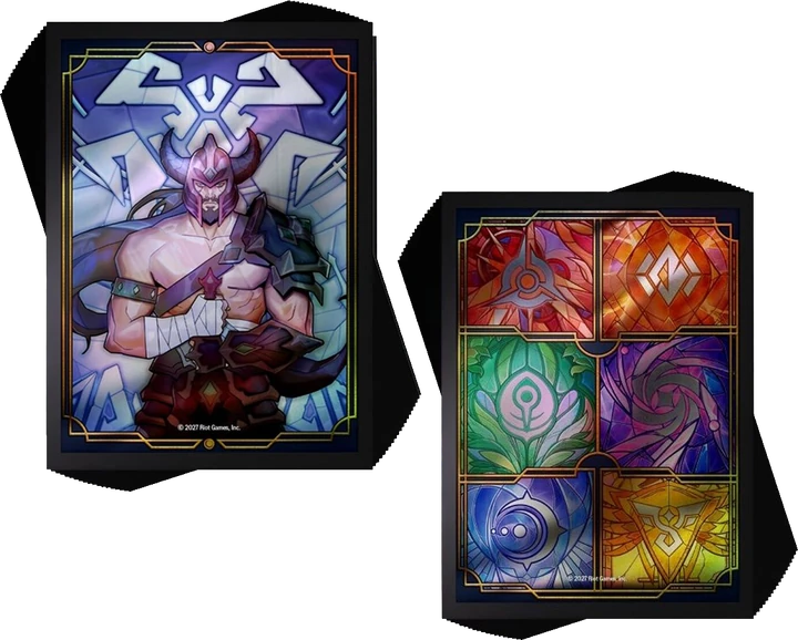 The Tryndamere art sleeves beside the rune sleeves that come in the same pack