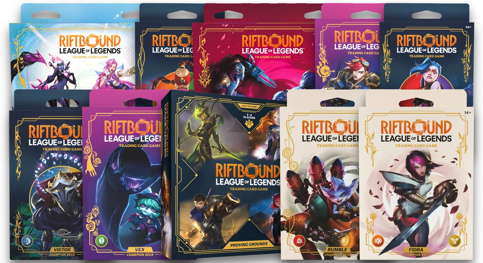 The boxes of the fifteen Riftbound starter decks