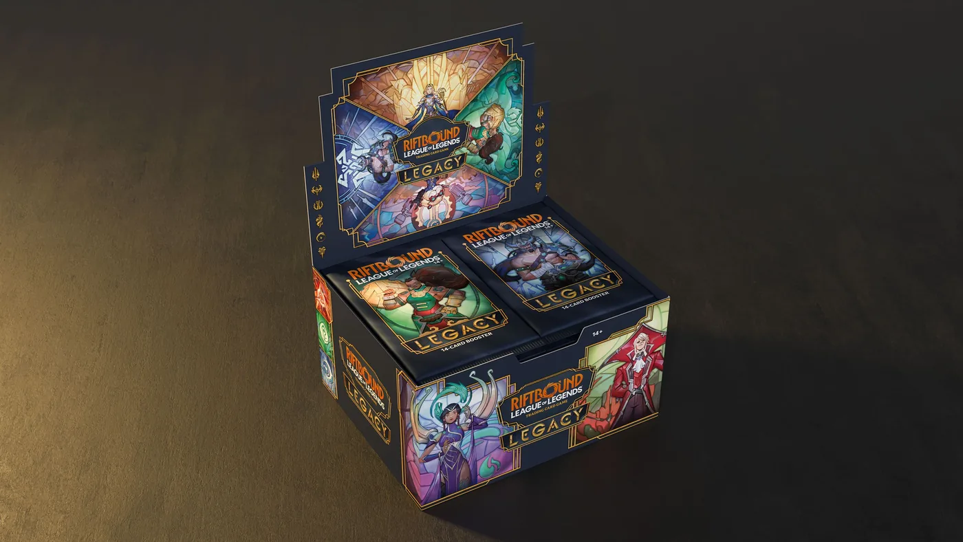 The Legacy booster display with two 14-card booster packs on top and Karma and Vladimir on its sides