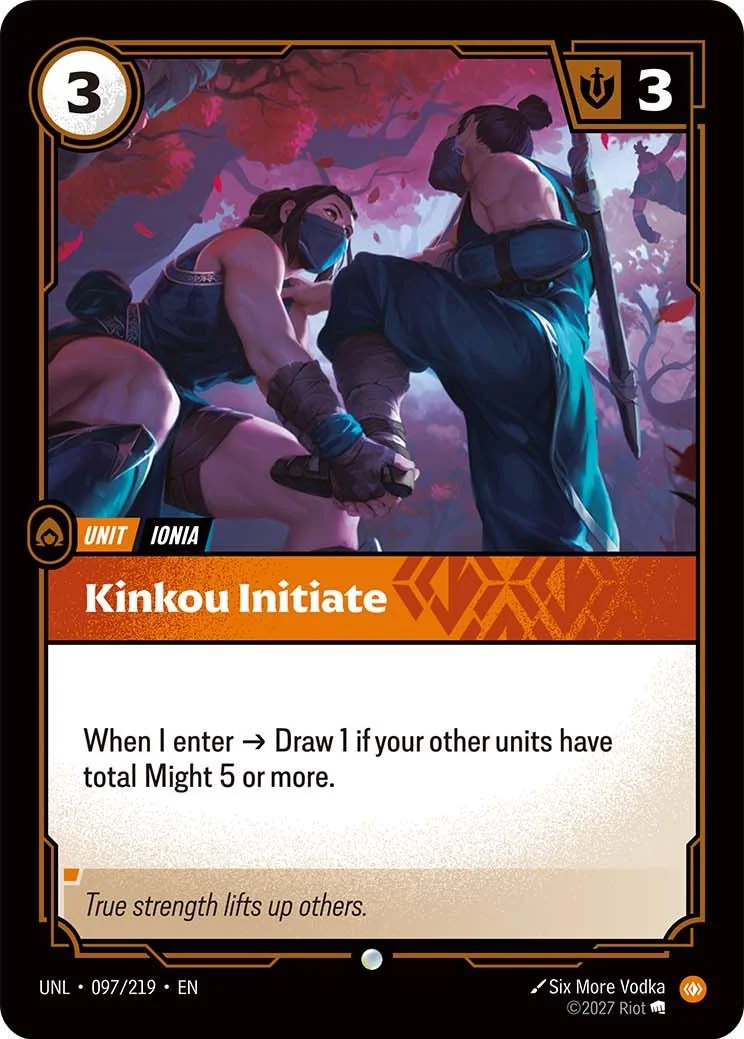 Kinkou Initiate, an Unleashed unit, printed with the arrow of a triggered ability