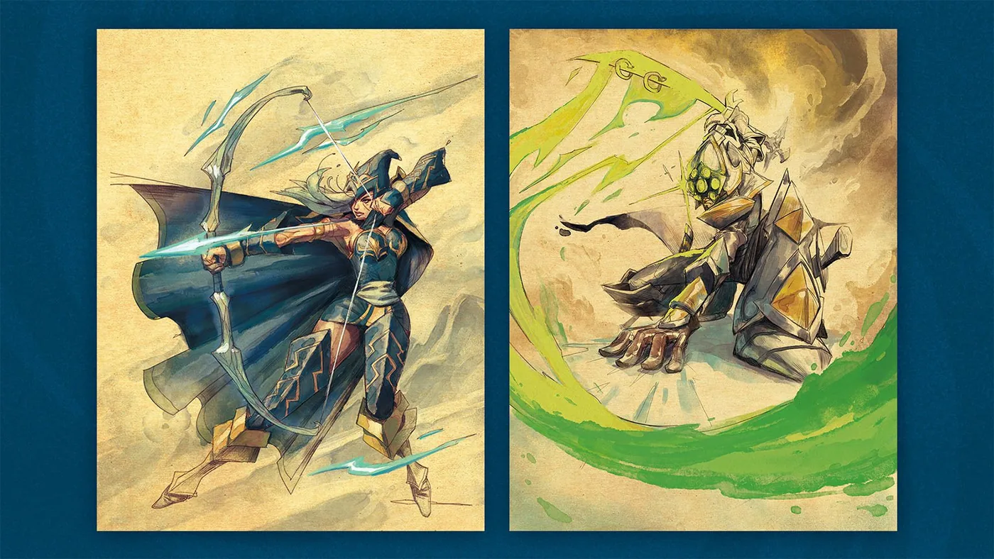 Ashe drawing her bow and Master Yi striking, two sketches in the style of League of Legends Classic
