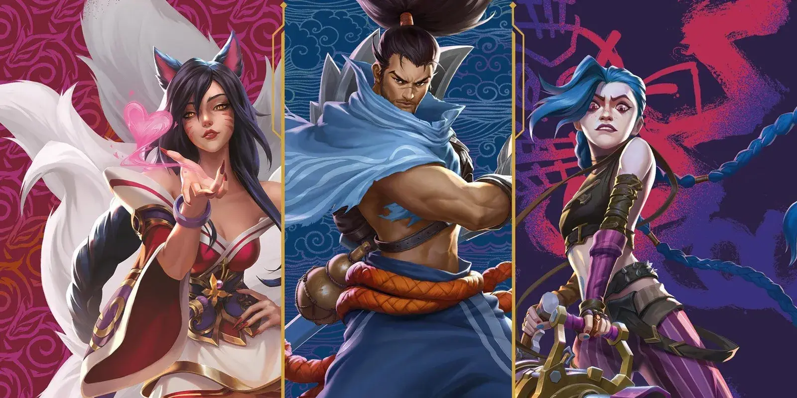 Yasuo, Ahri and Jinx, the key art of Riftbound: Origins