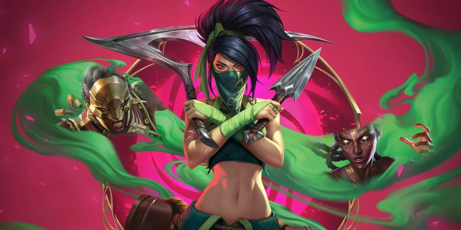 Akali with crossed kama, the key art of Riftbound: Vendetta