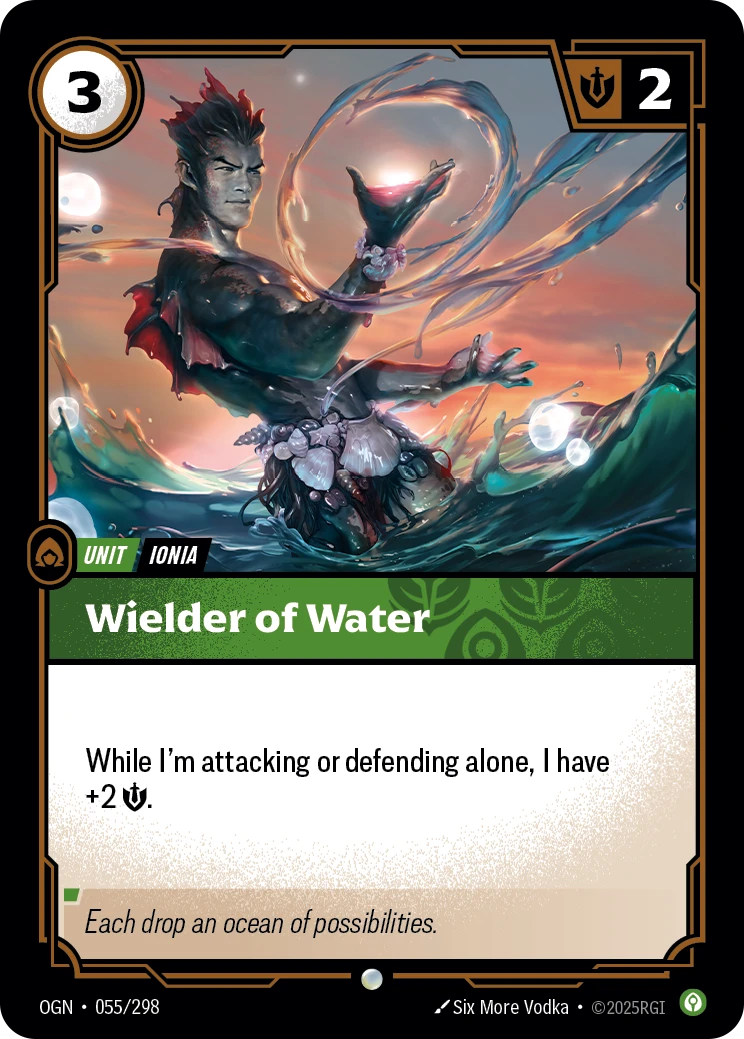Riftbound Unit: Wielder of Water. While I'm attacking or defending alone, I have +2 [S].
