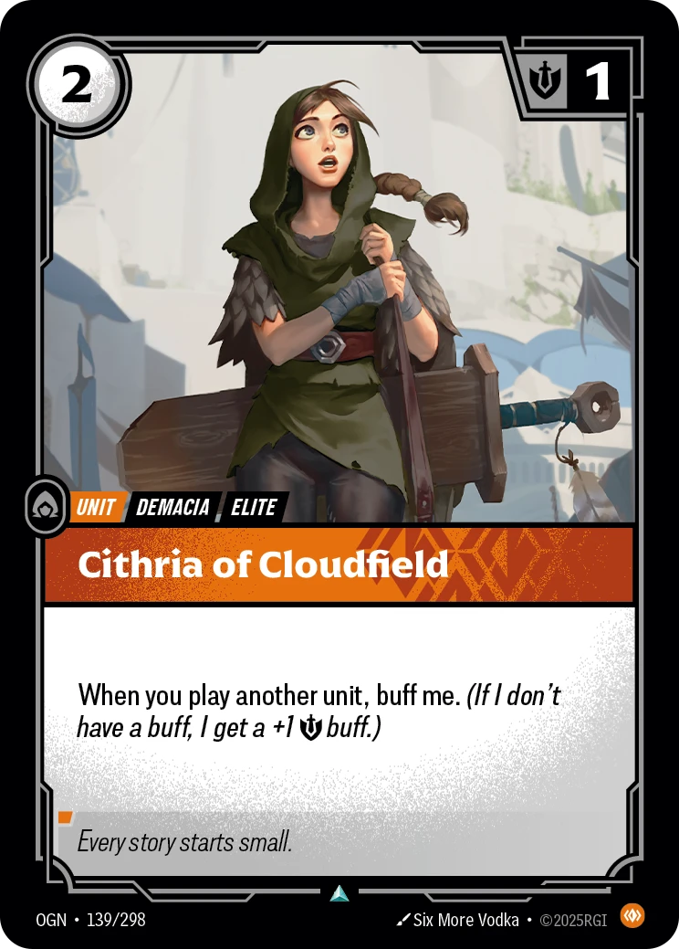 Riftbound Unit: Cithria of Cloudfield. When you play another unit, buff me. (If I don't have a buff, I get a +1 [S] buff.)