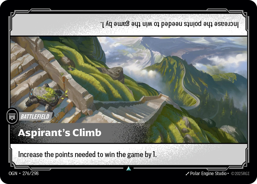 Riftbound Battlefield: Aspirant's Climb. Increase the points needed to win the game by 1.