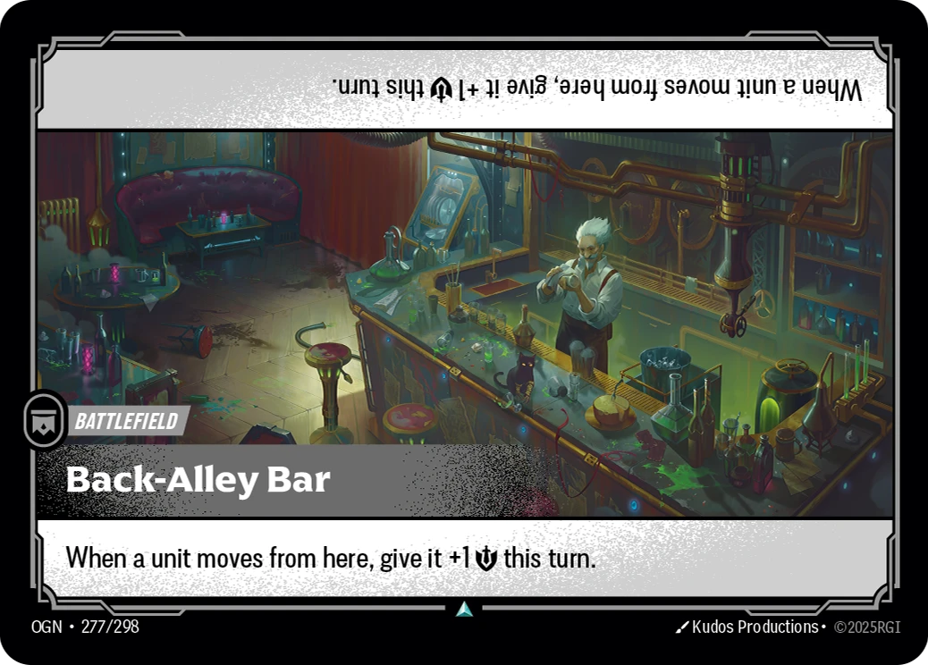Riftbound Battlefield: Back-Alley Bar. When a unit moves from here, give it +1 [S] this turn.