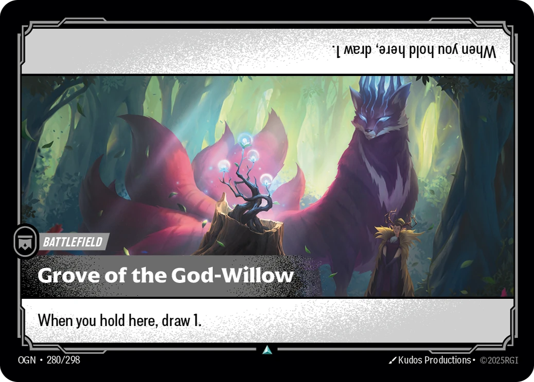Riftbound Battlefield: Grove of the God-Willow. When you hold here, draw 1.