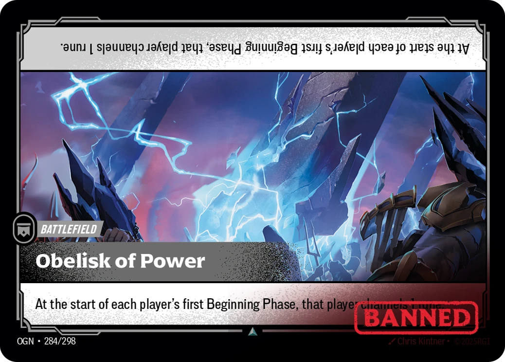 Riftbound Battlefield: Obelisk of Power. At the start of each player's first Beginning Phase, that player channels 1 rune.