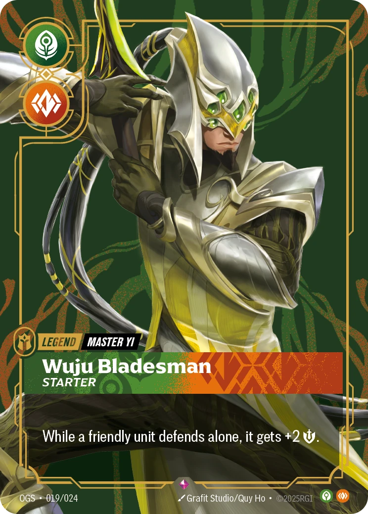 Riftbound Legend: Wuju Bladesman - Starter. While a friendly unit defends alone, it gets +2 [S].