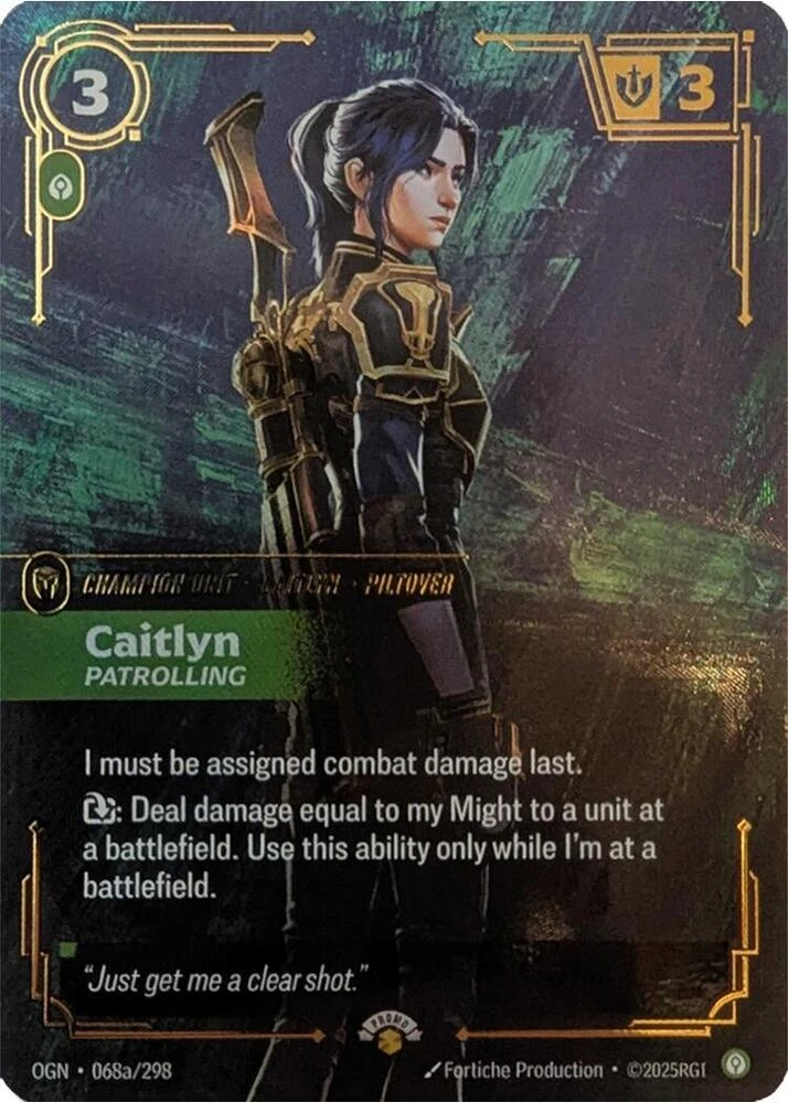 Riftbound Unit: Caitlyn, Patrolling. I must be assigned combat damage last.
[T]: Deal damage equal to my Might to a unit at a battlefield. Use this ability only while I'm at a battlefield.