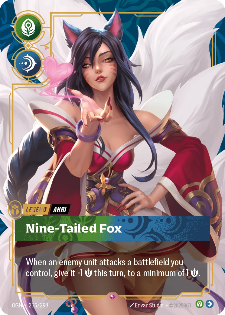 Riftbound Legend: Nine-Tailed Fox. When an enemy unit attacks a battlefield you control, give it -1 [S] this turn, to a minimum of 1 [S].