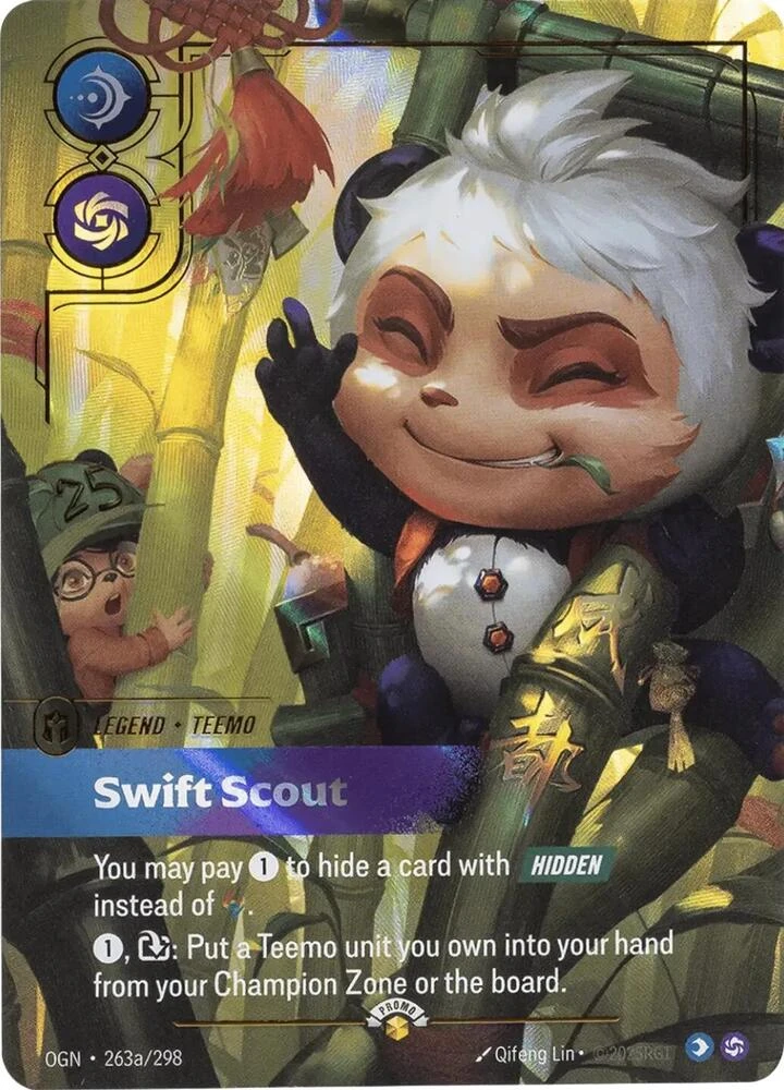 Riftbound Legend: Swift Scout. You may pay [1] to hide a card with [Hidden] instead of [C].
[1], [T]: Put a Teemo unit you own into your hand from your Champion Zone or the board.