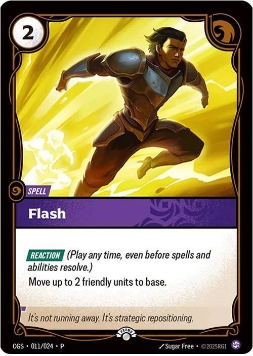 Riftbound Spell: Flash. [Reaction] (Play any time, even before spells and abilities resolve.)
Move up to 2 friendly units to base.