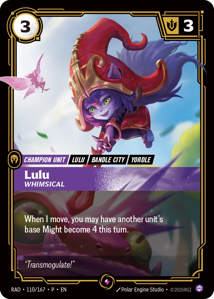 Riftbound Unit: Lulu, Whimsical. When I move, you may have another unit's base Might become 4 this turn.