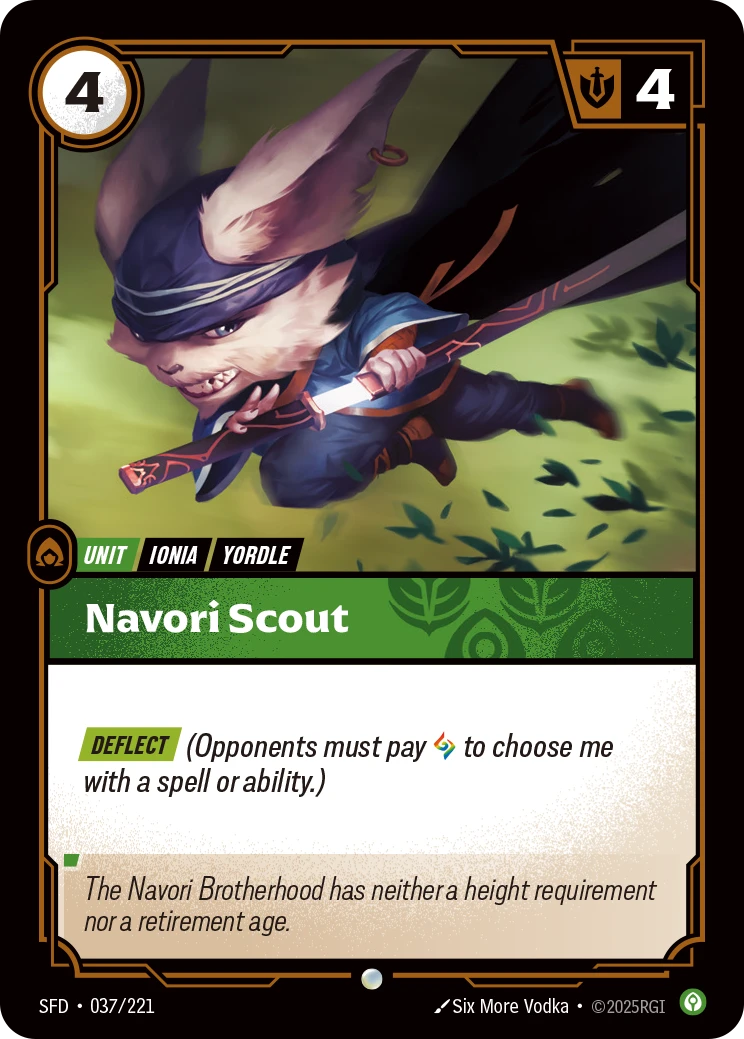 Riftbound Unit: Navori Scout. [Deflect] (Opponents must pay [A] to choose me with a spell or ability.)