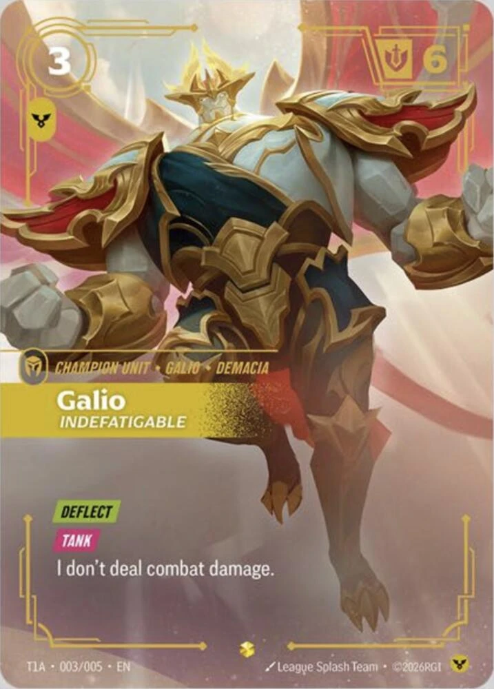 Riftbound Unit: Galio, Indefatigable. [Deflect] (Opponents must pay [A] to choose me with a spell or ability.)
[Tank] (I must be assigned combat damage first.)
I don't deal combat damage.
