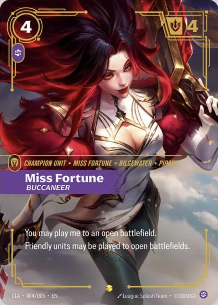 Riftbound Unit: Miss Fortune, Buccaneer. You may play me to an open battlefield.
Friendly units may be played to open battlefields.
