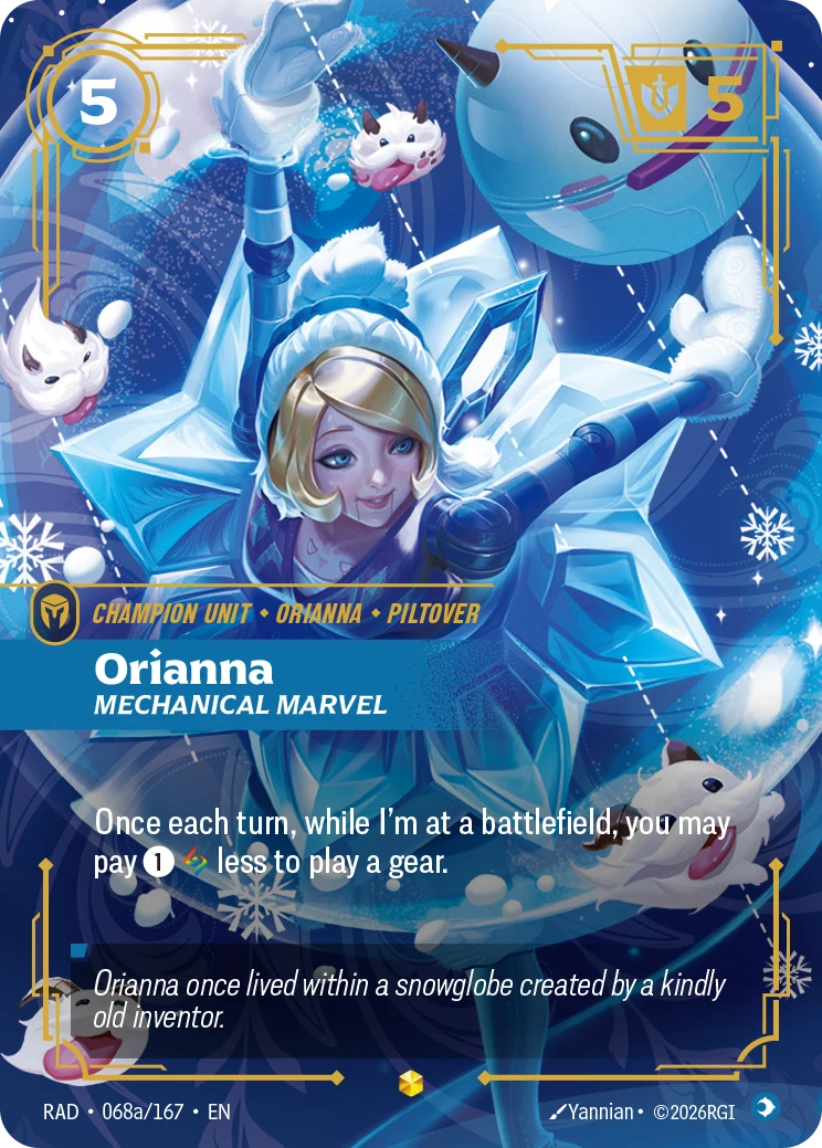 Riftbound Unit: Orianna, Mechanical Marvel. Once each turn, while I'm at a battlefield, you may pay [1][A] less to play a gear.