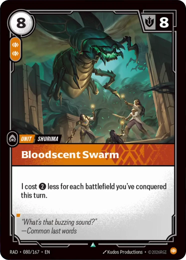 Riftbound Unit: Bloodscent Swarm. I cost [2] less for each battlefield you've conquered this turn.