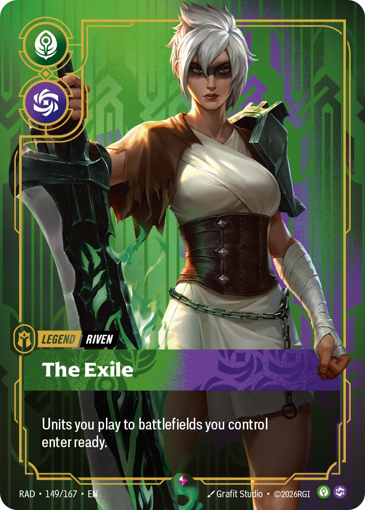 Riftbound Legend: The Exile. Units you play to battlefields you control enter ready.