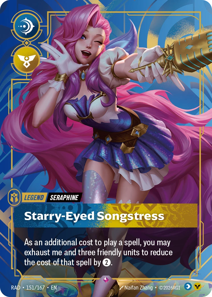 Riftbound Legend: Starry-Eyed Songstress. As an additional cost to play a spell, you may exhaust me and three friendly units to reduce the cost of that spell by [2].
