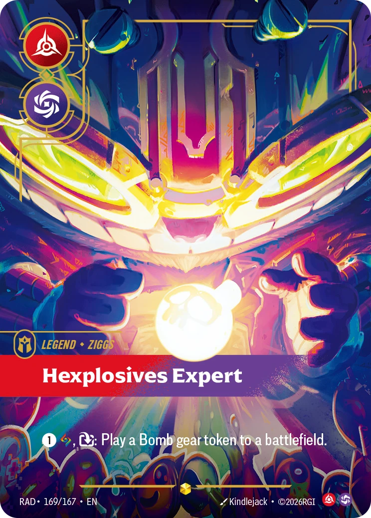 Riftbound Legend: Hexplosives Expert. [1][A], [T]: Play a Bomb gear token to a battlefield.