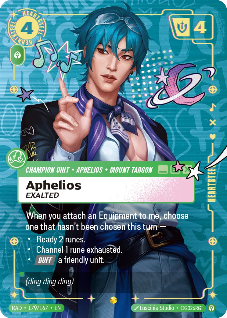 Riftbound Unit: Aphelios, Exalted. When you attach an Equipment to me, choose one that hasn't been chosen this turn —
- Ready 2 runes.
- Channel 1 rune exhausted.
- [Buff] a friendly unit.
