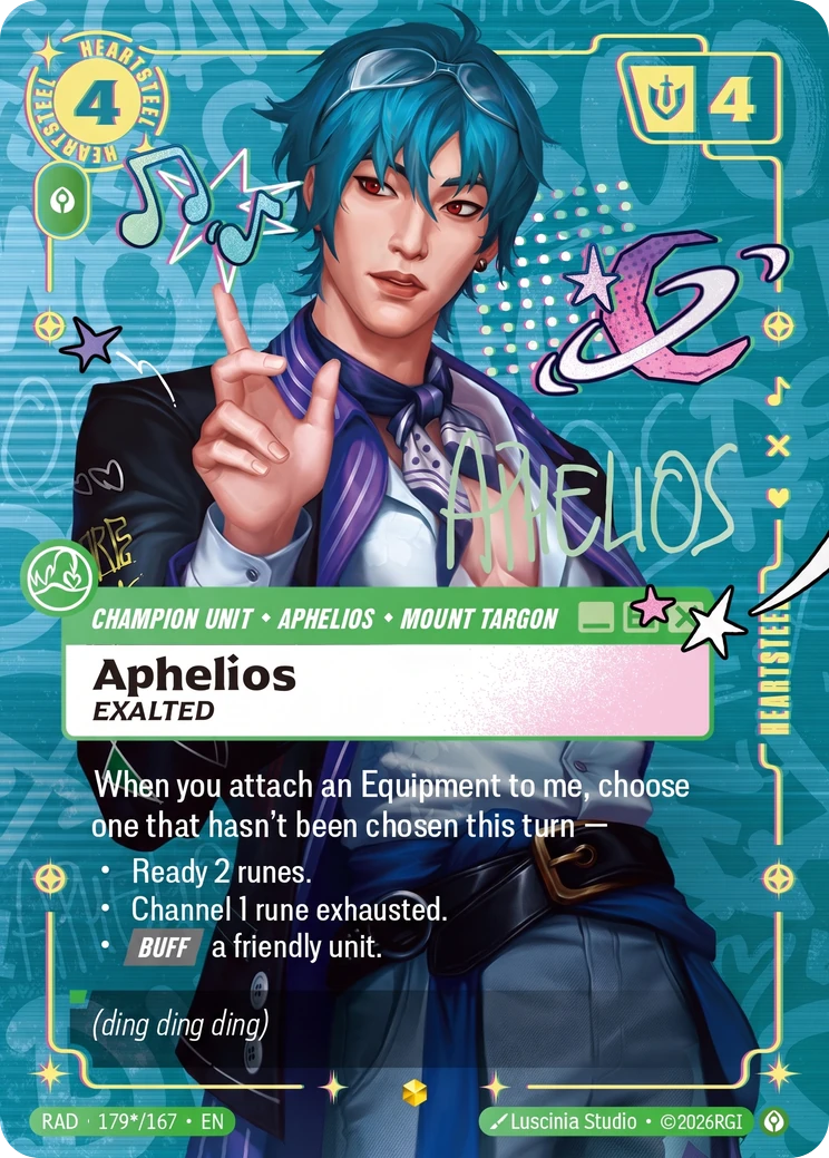 Riftbound Unit: Aphelios, Exalted. When you attach an Equipment to me, choose one that hasn't been chosen this turn —
- Ready 2 runes.
- Channel 1 rune exhausted.
- [Buff] a friendly unit.