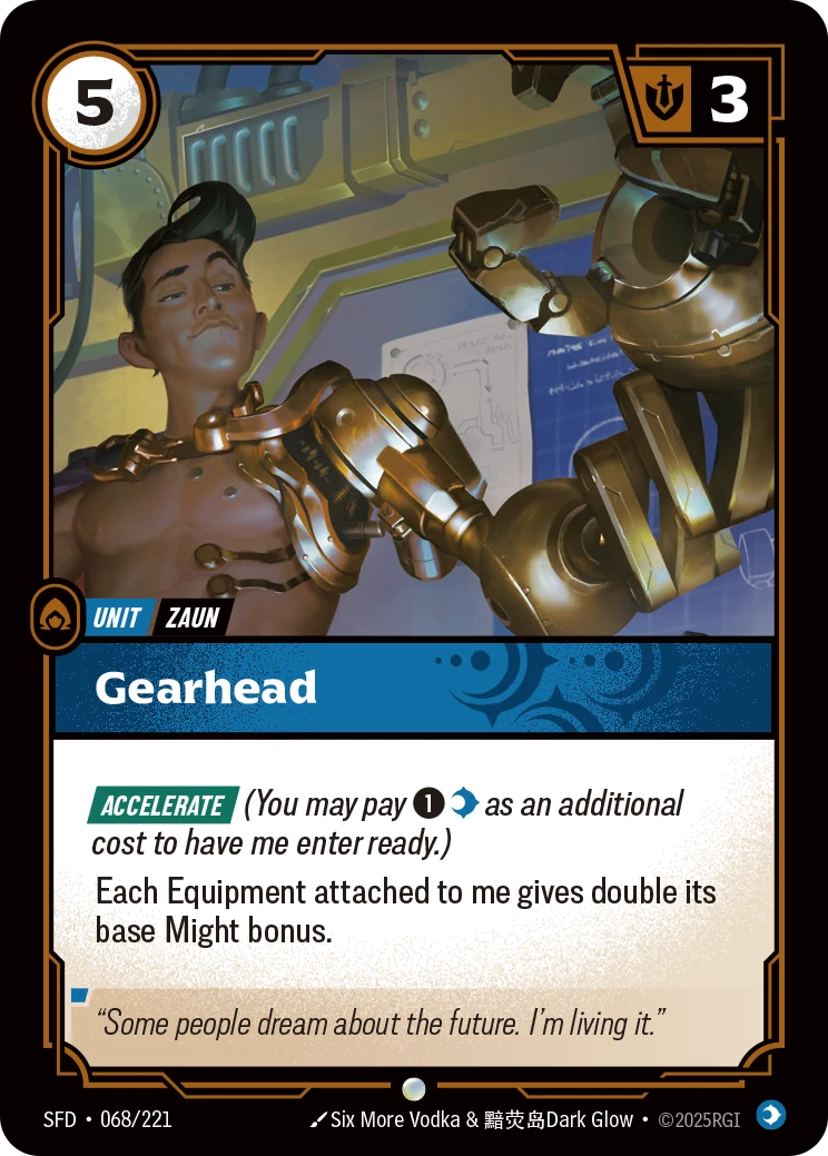 Riftbound Unit: Gearhead. [Accelerate] (You may pay [1][C] as an additional cost to have me enter ready.)
Each Equipment attached to me gives double its base Might bonus.
