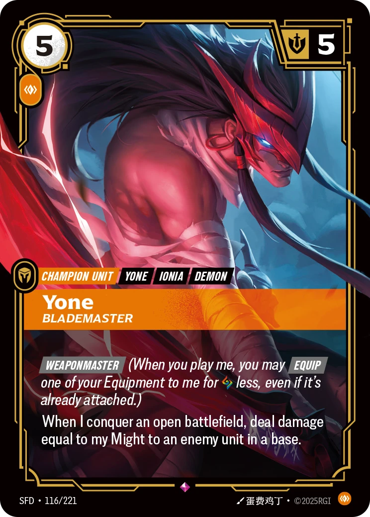 Riftbound Unit: Yone, Blademaster. [Weaponmaster] (When you play me, you may [Equip] one of your Equipment to me for [A] less, even if it's already attached.)
When I conquer an open battlefield, deal damage equal to my Might to an enemy unit in a base.