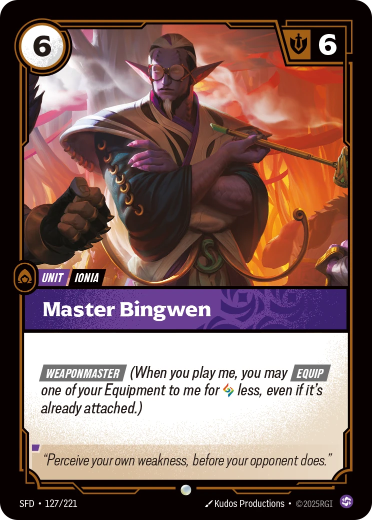 Riftbound Unit: Master Bingwen. [Weaponmaster] (When you play me, you may [Equip] one of your Equipment to me for [A] less, even if it's already attached.)