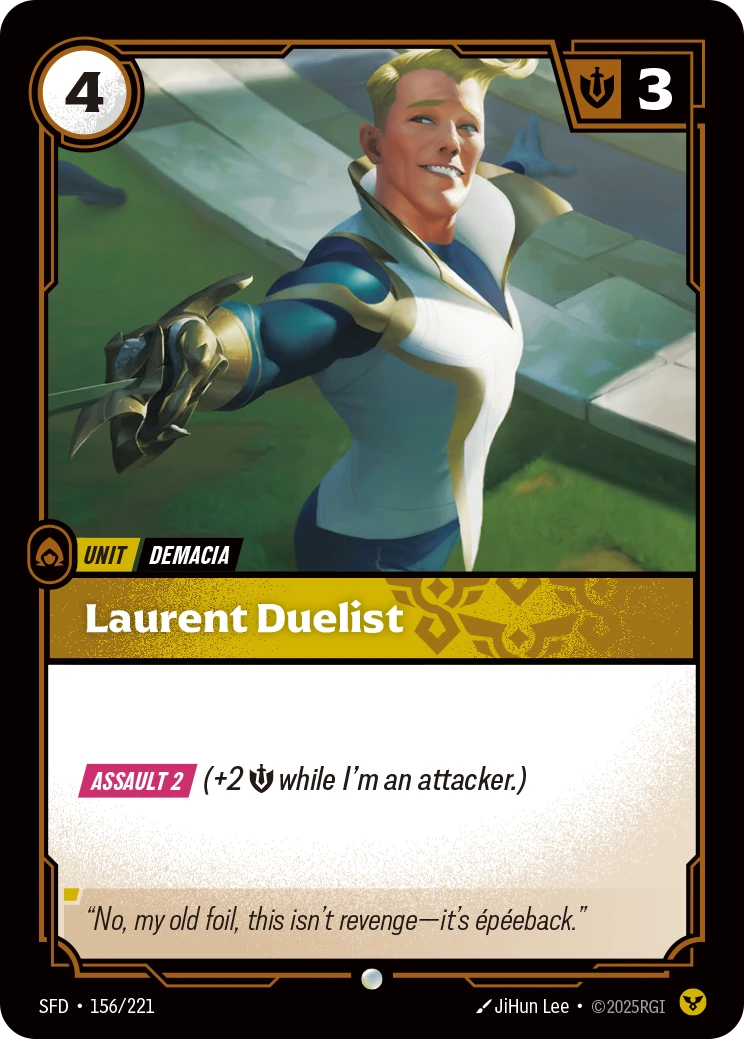 Riftbound Unit: Laurent Duelist. [Assault 2] (+2 [S] while I'm an attacker.)