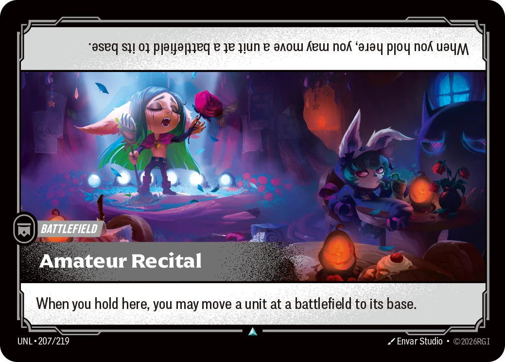 Riftbound Battlefield: Amateur Recital. When you hold here, you may move a unit at a battlefield to its base.