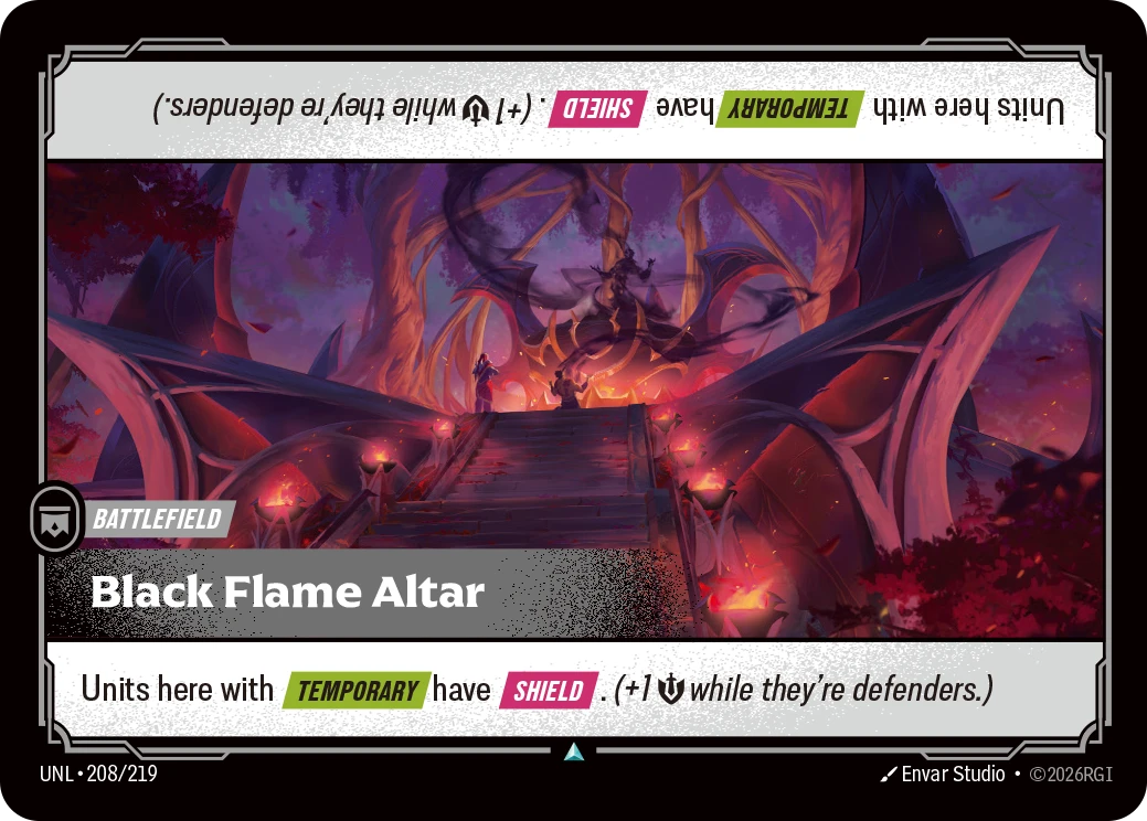 Riftbound Battlefield: Black Flame Altar. Units here with [Temporary] have [Shield]. (+1 [S] while they're defenders.)