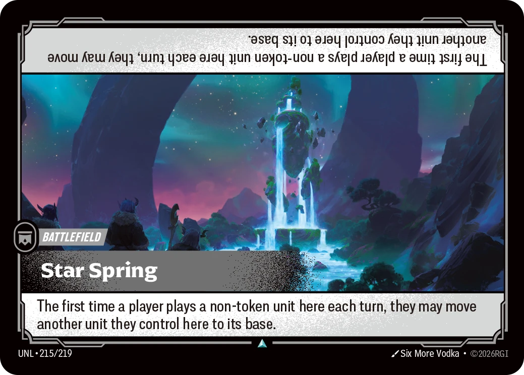 Riftbound Battlefield: Star Spring. The first time a player plays a non-token unit here each turn, they may move another unit they control here to its base.