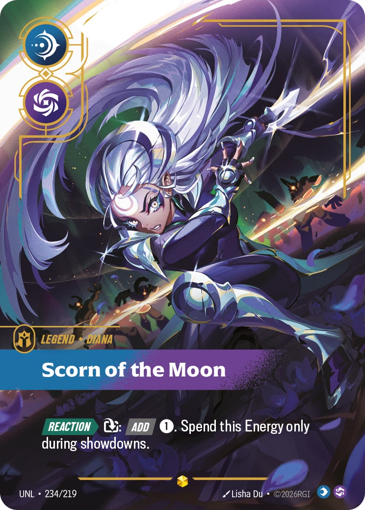 Riftbound Legend: Scorn of the Moon. [Reaction][>] [T]: [Add] [1]. Spend this Energy only during showdowns.