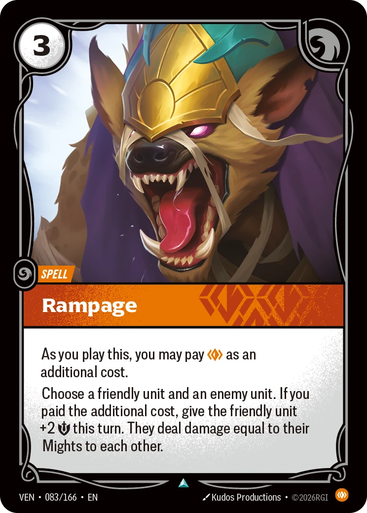 Riftbound Spell: Rampage. As you play this, you may pay [C] as an additional cost.
Choose a friendly unit and an enemy unit. If you paid the additional cost, give the friendly unit +2 [S] this turn. They deal damage equal to their Mights to each other.