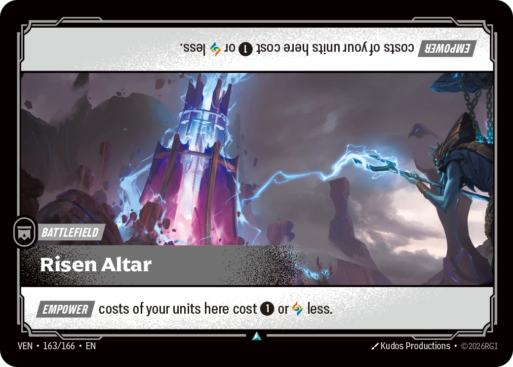 Riftbound Battlefield: Risen Altar. [Empower] costs of your units here cost [1] or [A] less.