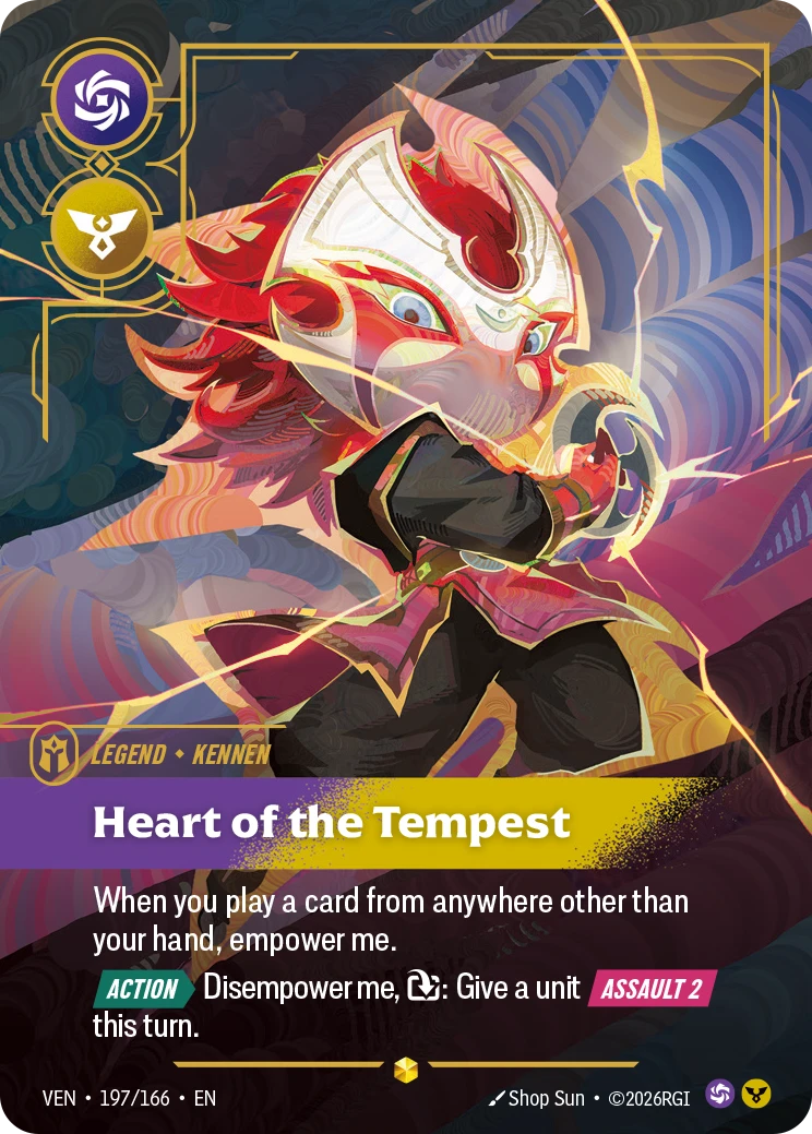 Riftbound Legend: Heart of the Tempest. When you play a card from anywhere other than your hand, empower me.
[Action][>] Disempower me, [T]: Give a unit [Assault 2] this turn.